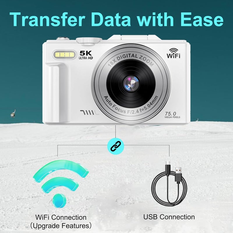 Demofit 5K Digital Camera for Photography - 75MP WiFi Vlogging Camera for YouTube - UHD 18X Zoom Digital Cameras with Flip Screen 3" 180° - Travel Photography Flash Camara for Beginners & Adults - Image 5